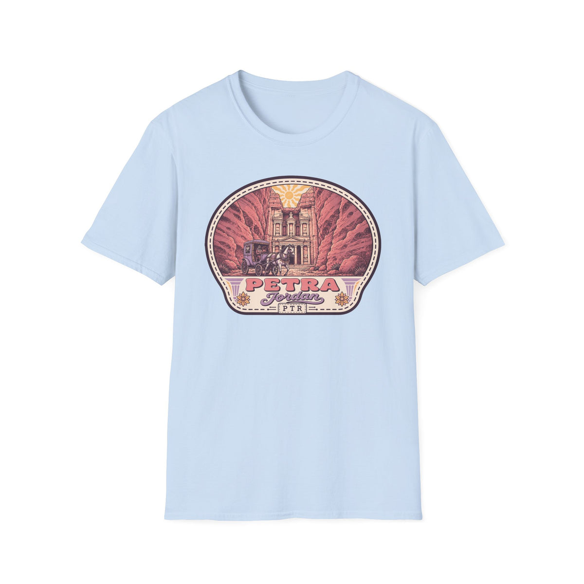 Light blue graphic t-shirt with circular Petra tomb illustration on the front