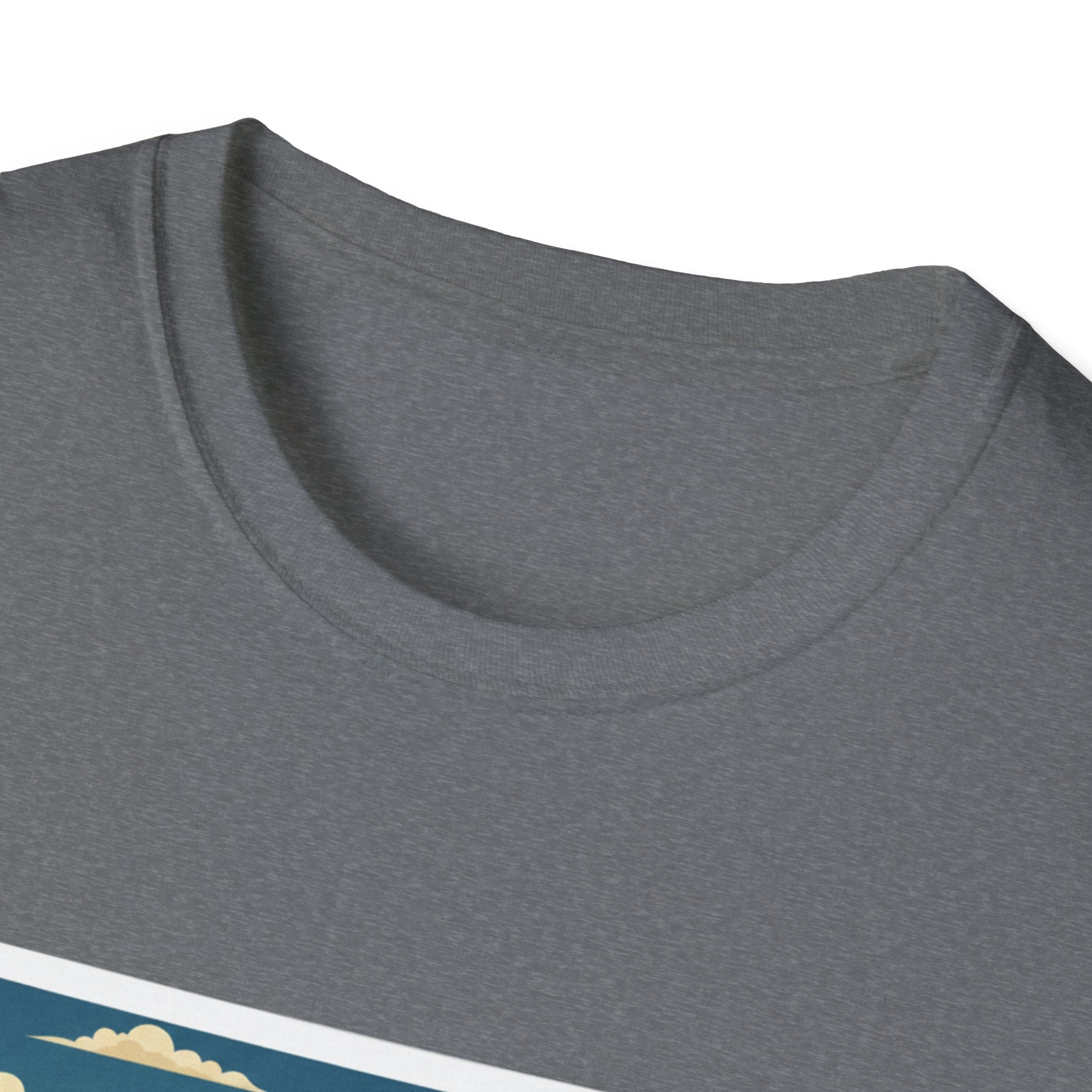 Dark heather T-shirt neckline close-up, partial “I am KANSAS” print at bottom