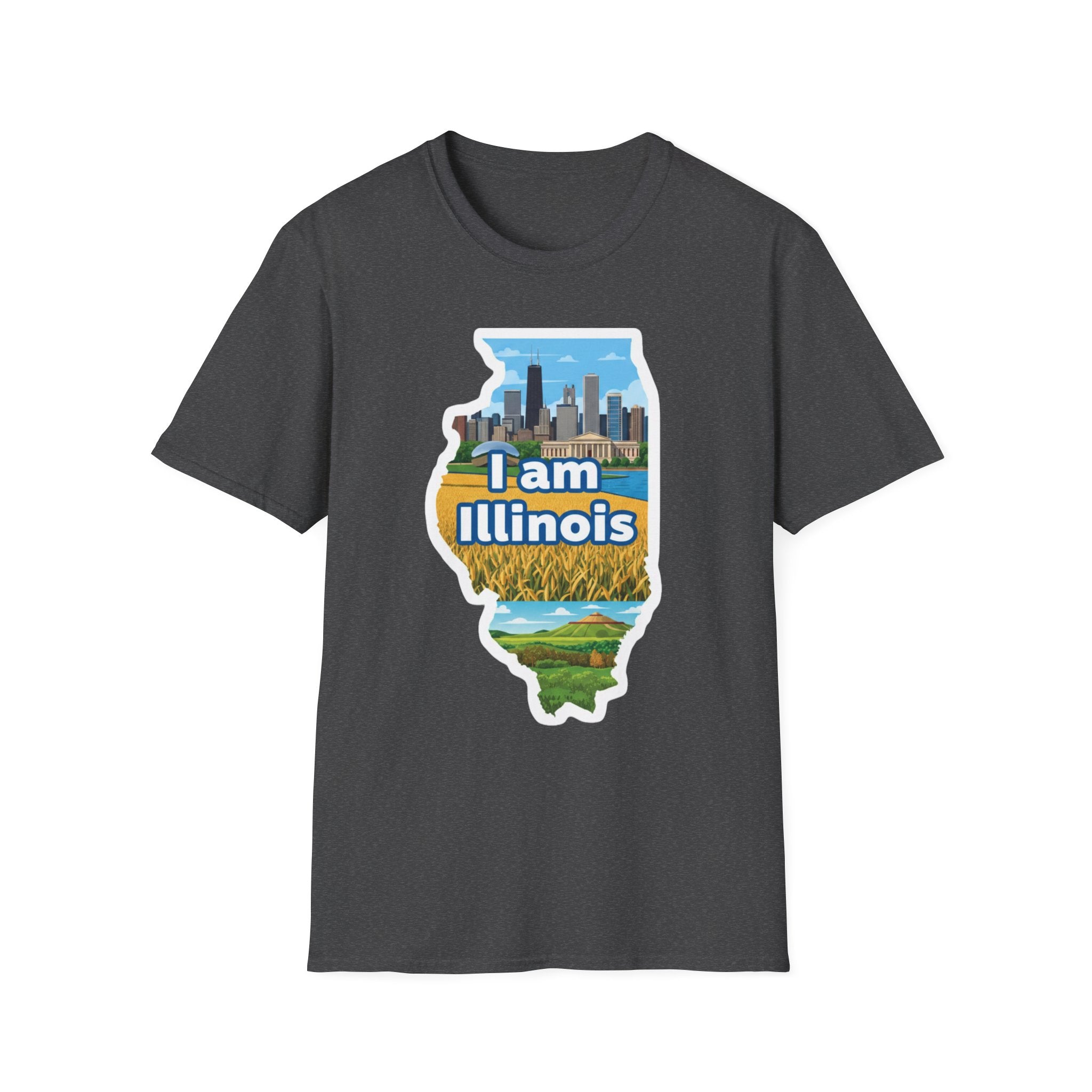I Am Illinois T-shirt in Graphite Heather, Illinois skyline and farmland map