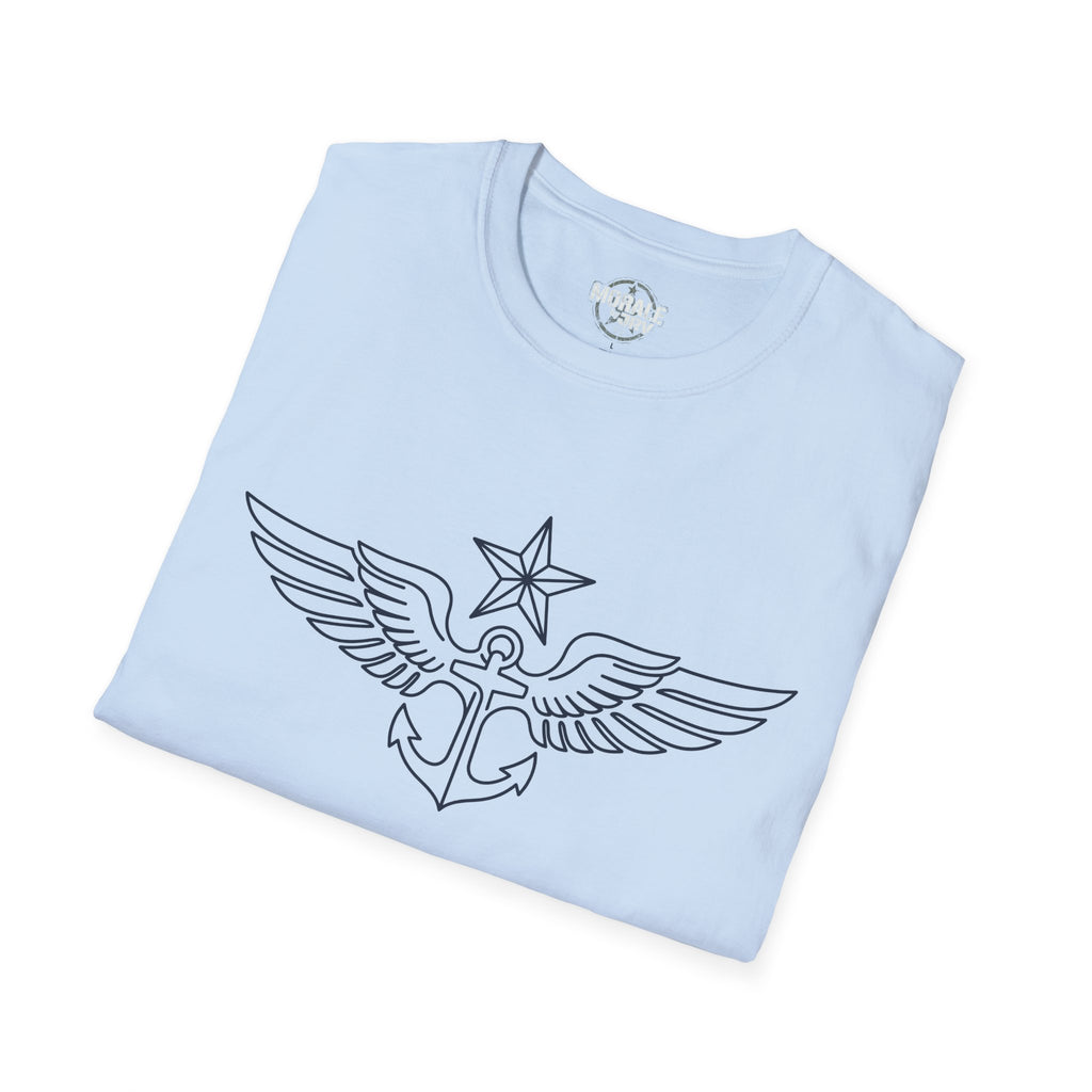 Light blue T-shirt folded view with winged anchor and star outline print