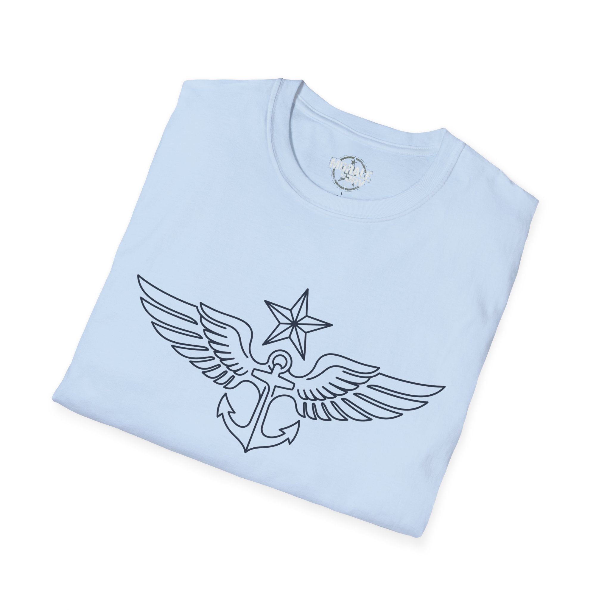 Light blue T-shirt folded view with winged anchor and star outline print
