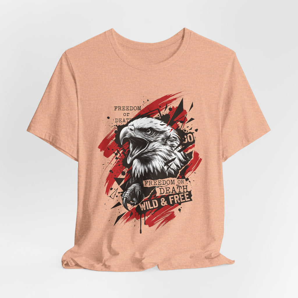 Peach crewneck t-shirt with centered eagle graphic and red splashes