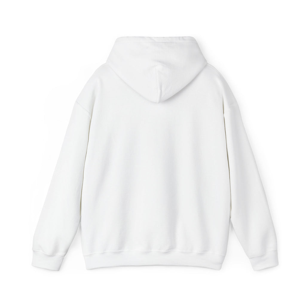 White pullover hoodie with drawstring hood and front pocket, back view
