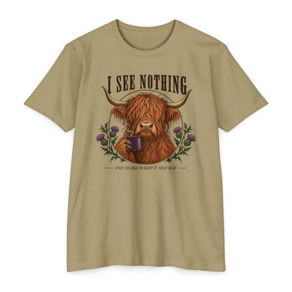 Light tan short-sleeve graphic T-shirt with Highland cow holding a coffee mug