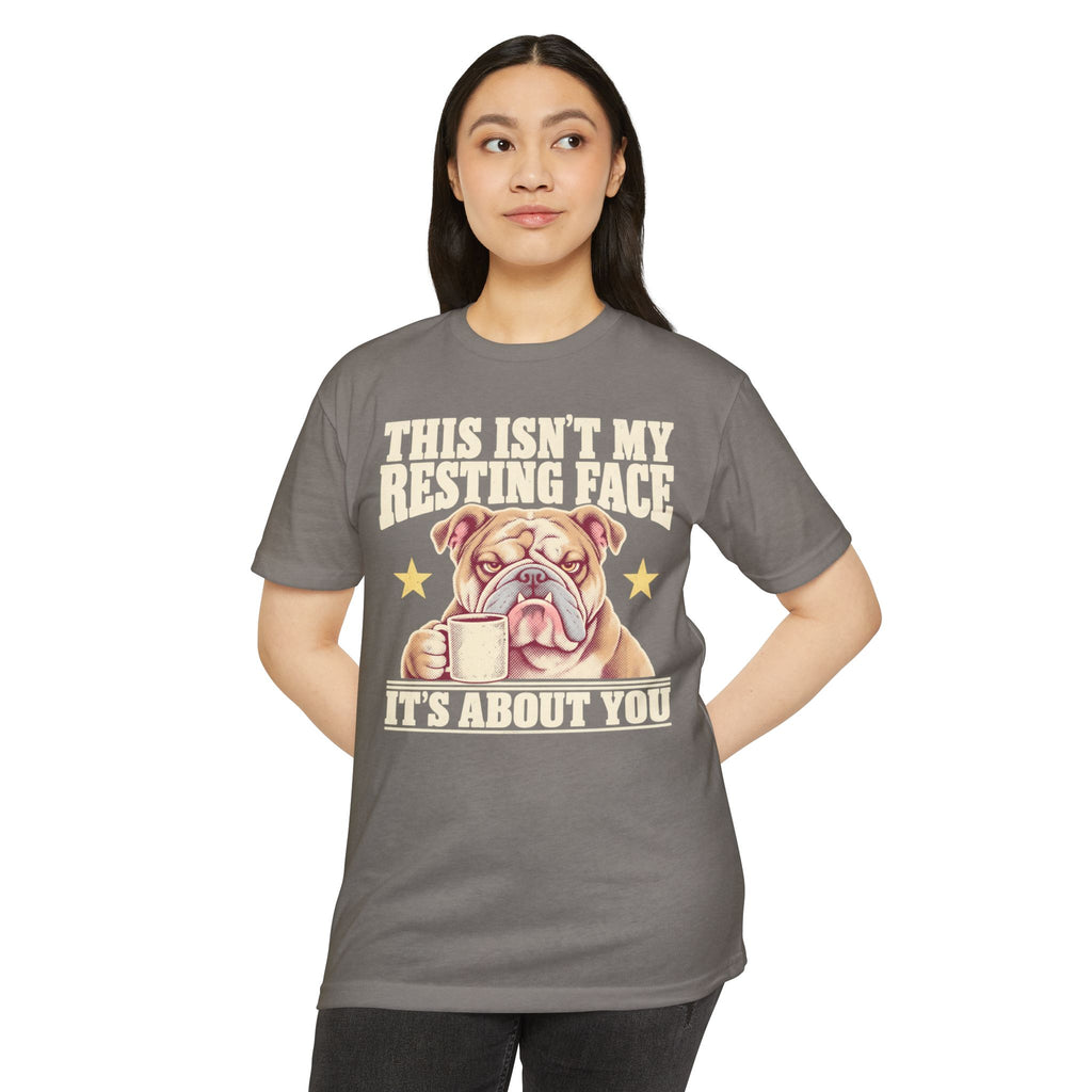 Dark gray T-shirt with grumpy bulldog graphic and slogan on the chest.