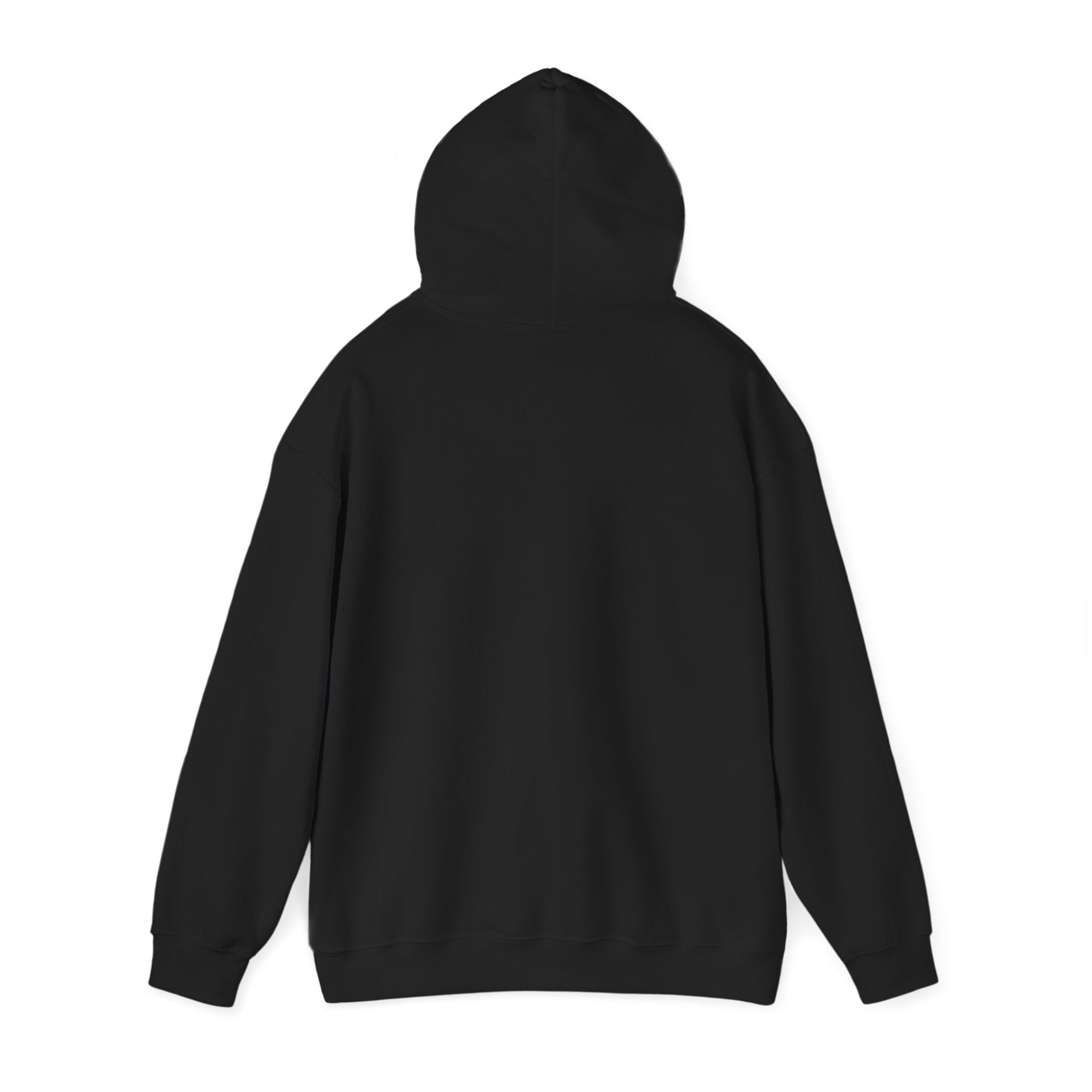 Black hoodie back view with hood and ribbed cuffs