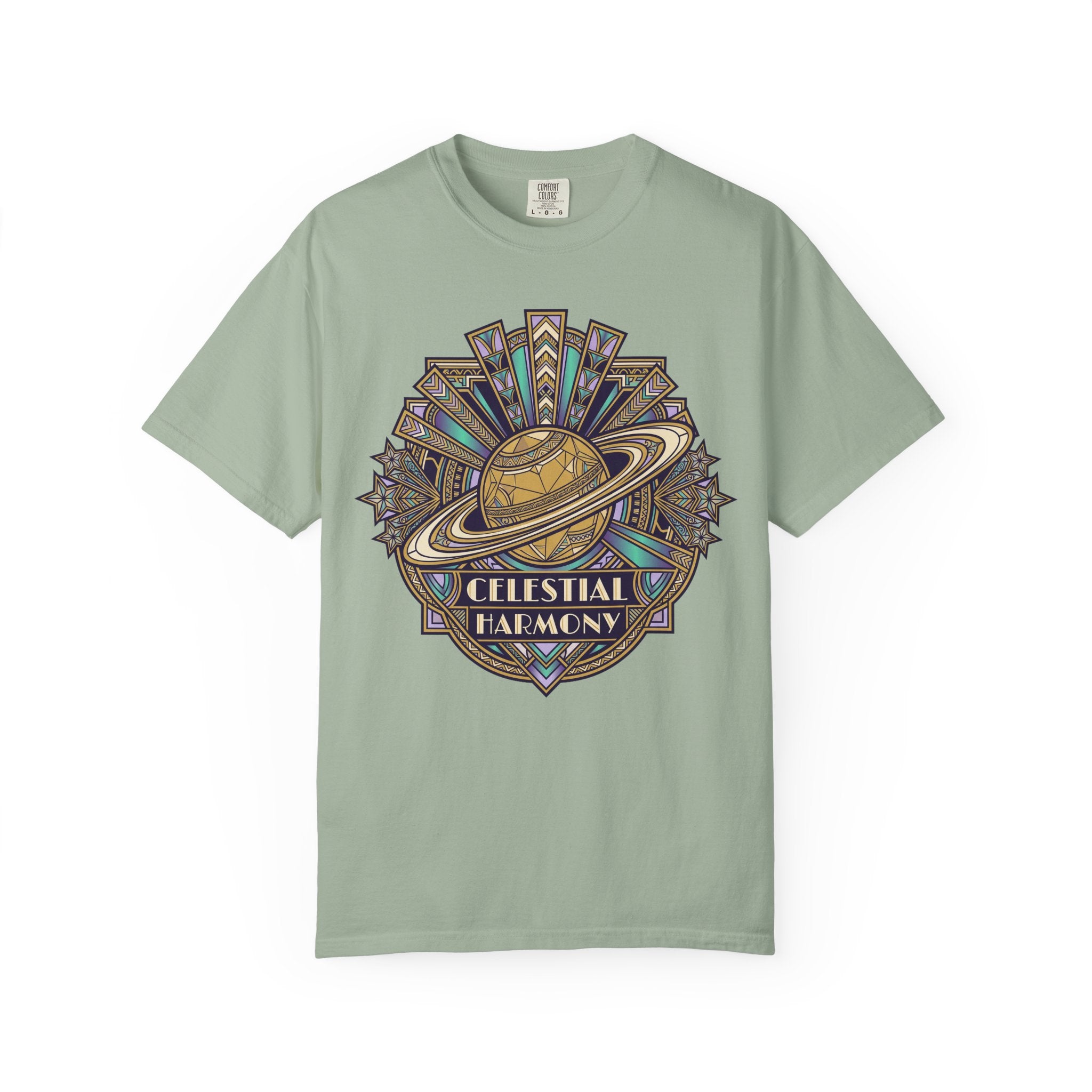 Sage green crewneck T-shirt with Saturn-like celestial graphic on the chest