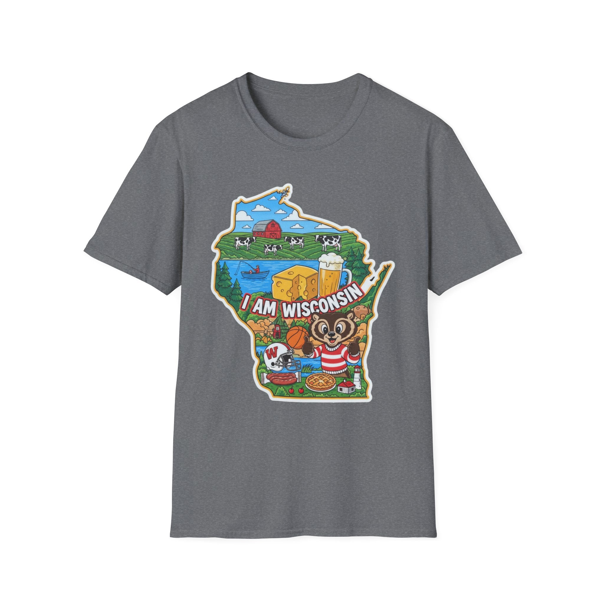 Heather grey T-shirt with Wisconsin map graphic and dairy farm character art