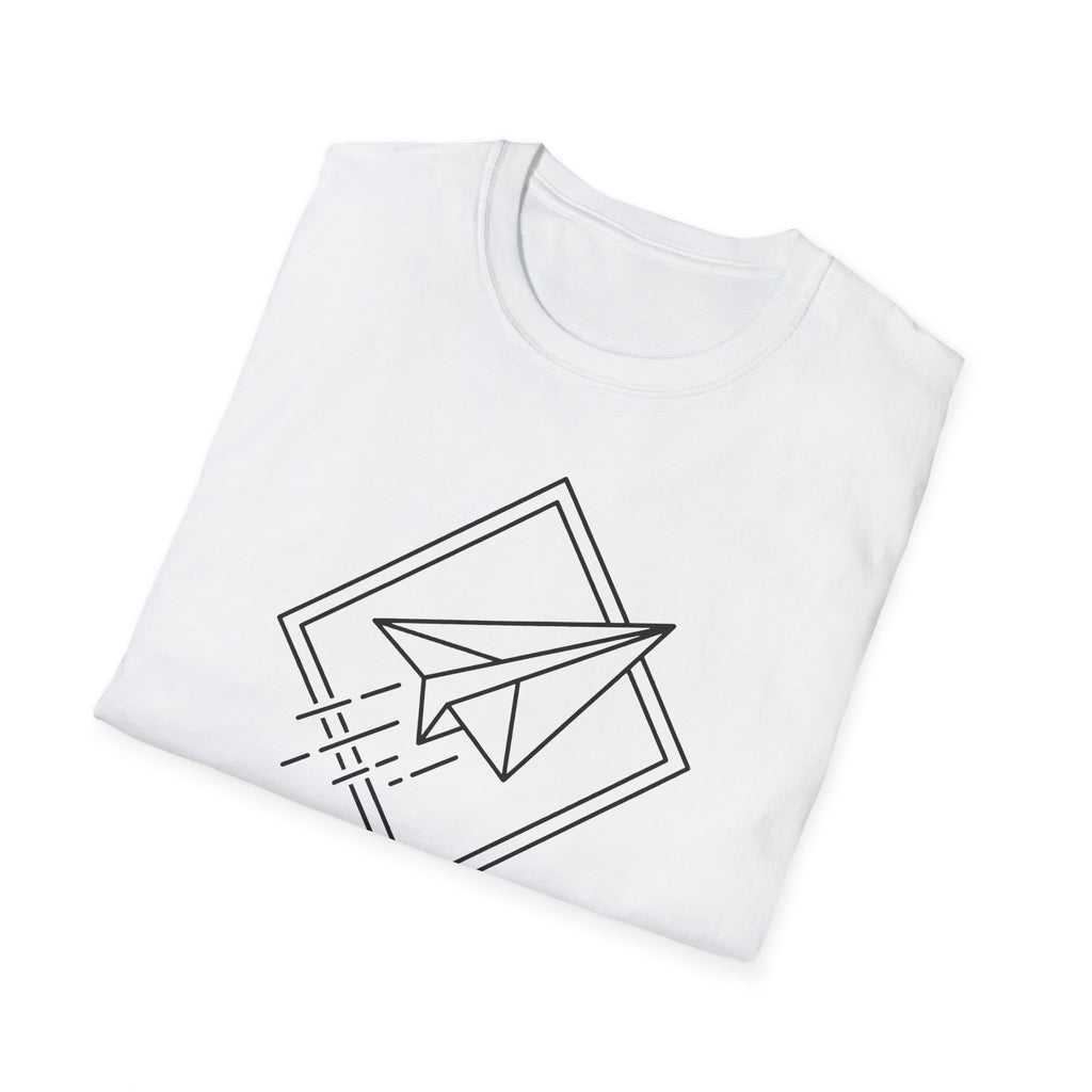White T-shirt with black paper airplane graphic in diamond and outline shapes