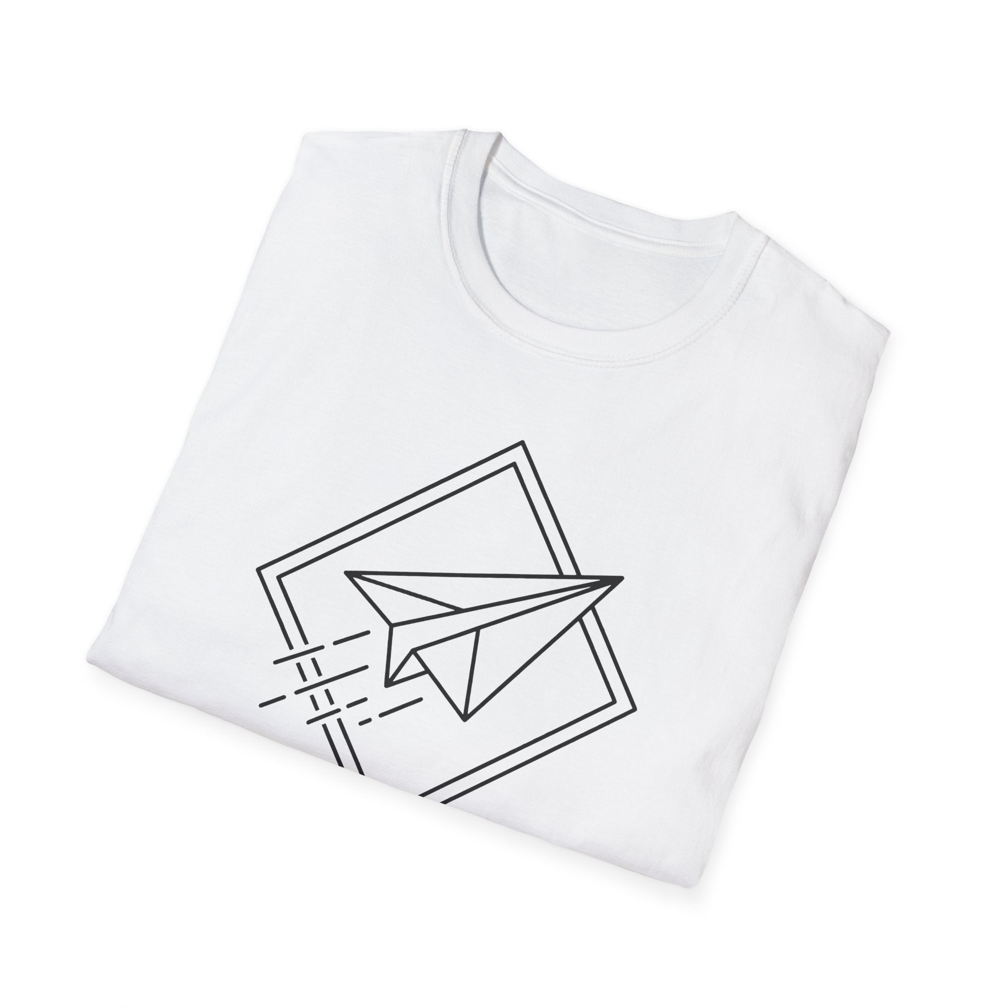 White T-shirt with black paper airplane graphic in diamond and outline shapes