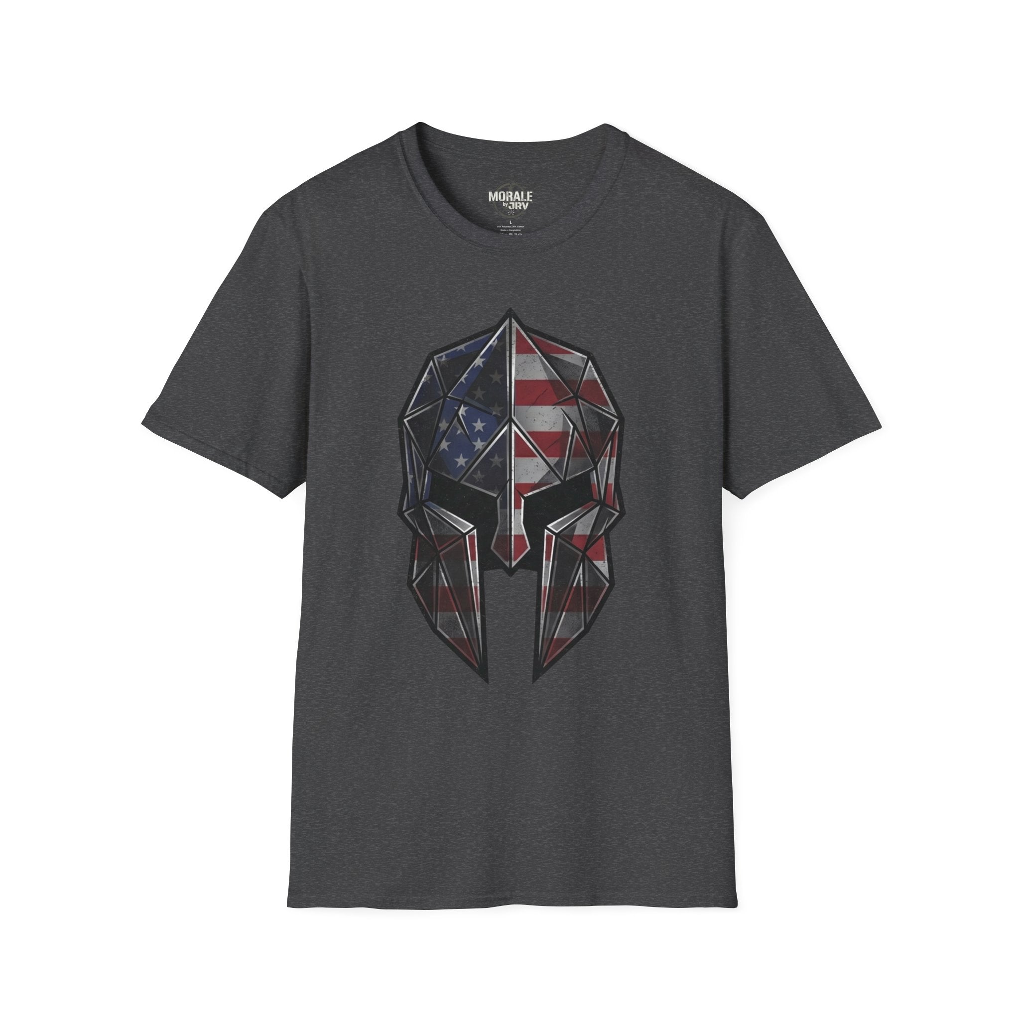 American Flag Spartan Helmet T-Shirt, dark heather with geometric patriotic eagle skull graphic