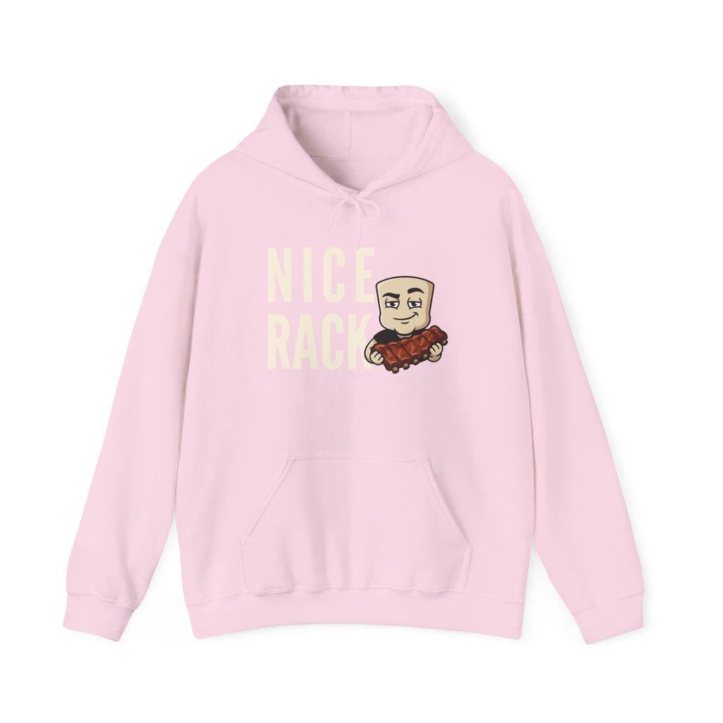 Light pink hoodie with kangaroo pocket and “Nice Rack” rib graphic