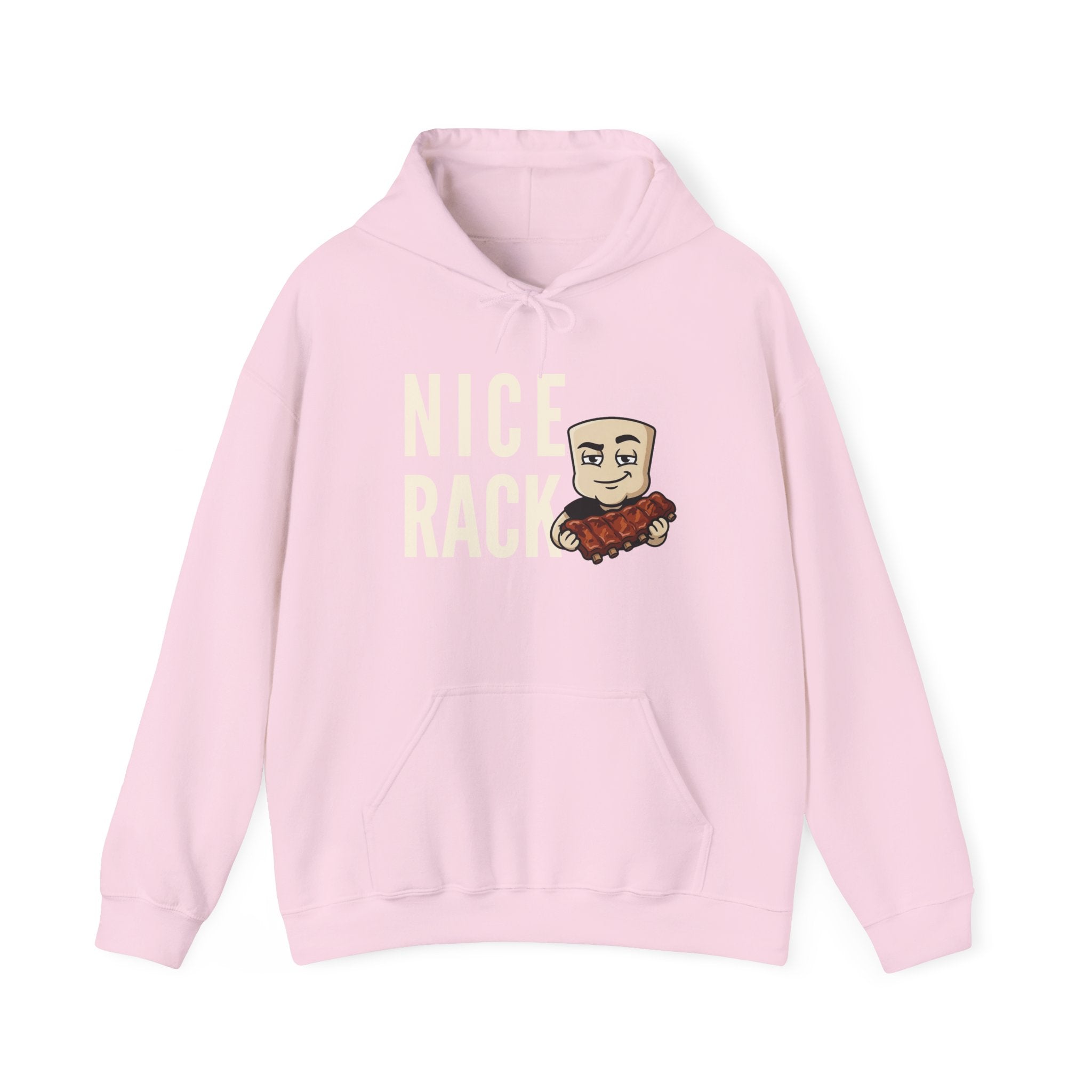 Light pink hoodie with kangaroo pocket and “Nice Rack” rib graphic