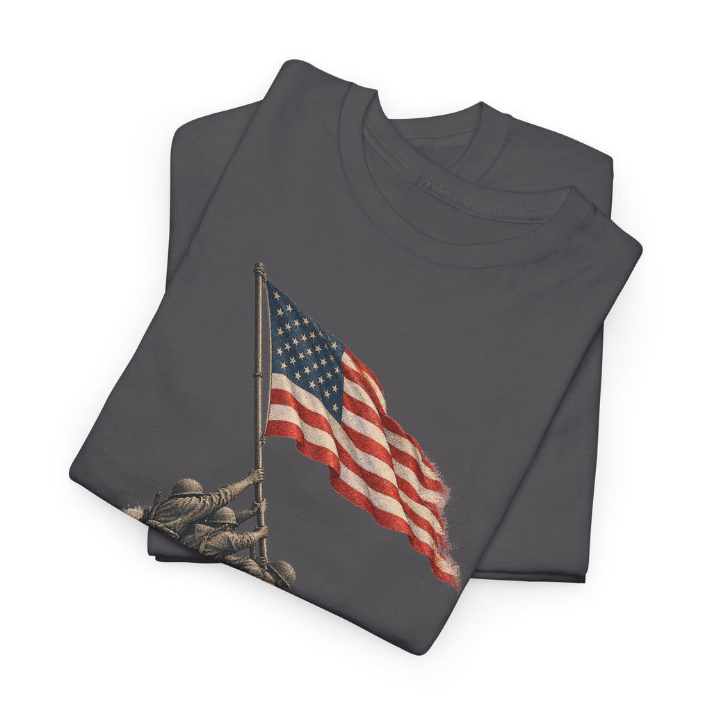 Charcoal gray T-shirt with U.S. flag on pole and figure graphic