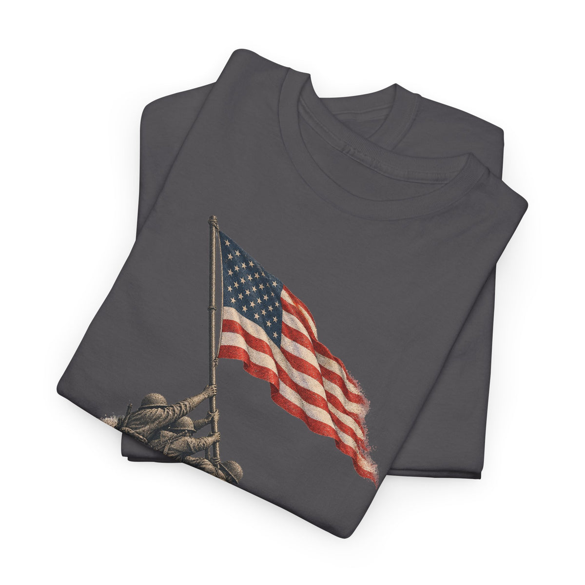 Charcoal gray T-shirt with U.S. flag on pole and figure graphic