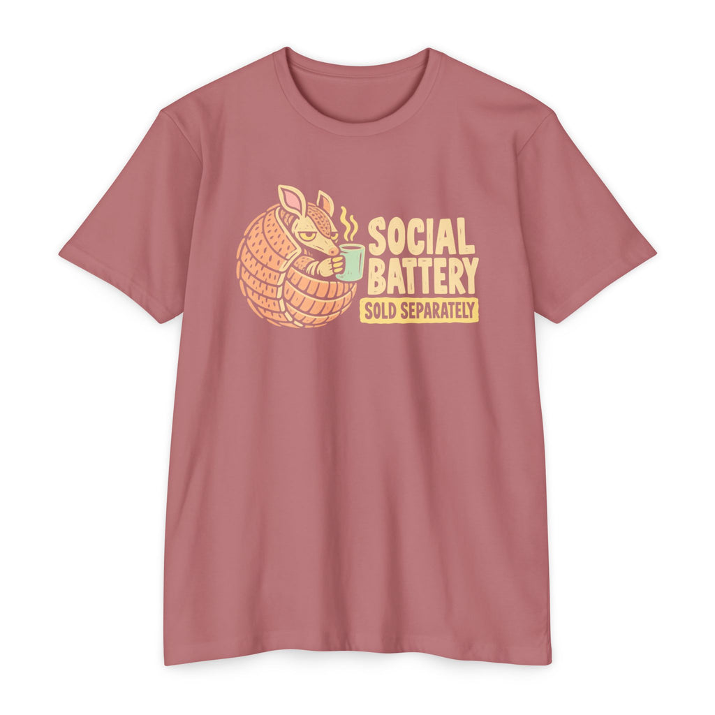 Dusty rose T-shirt with armadillo graphic and “SOCIAL BATTERY” text