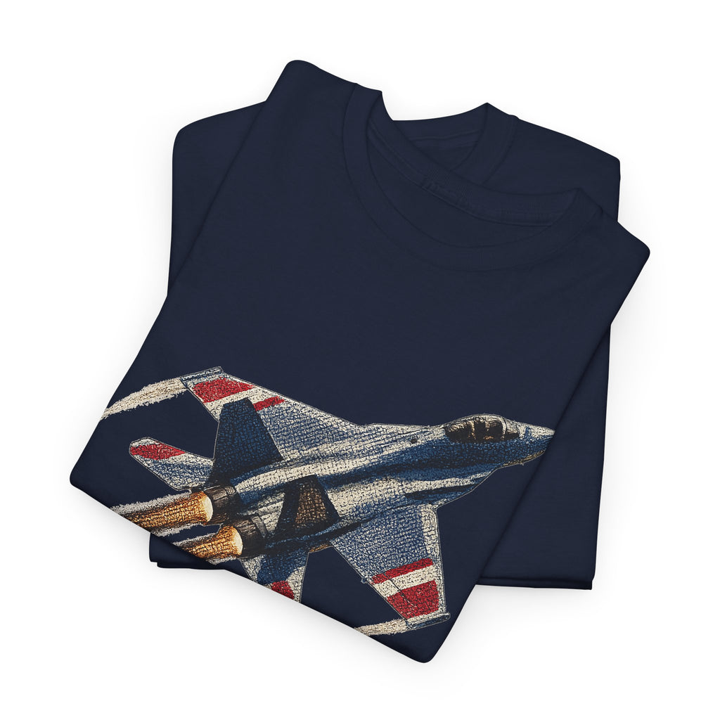 Navy T-shirt with fighter jet graphic across chest, crewneck