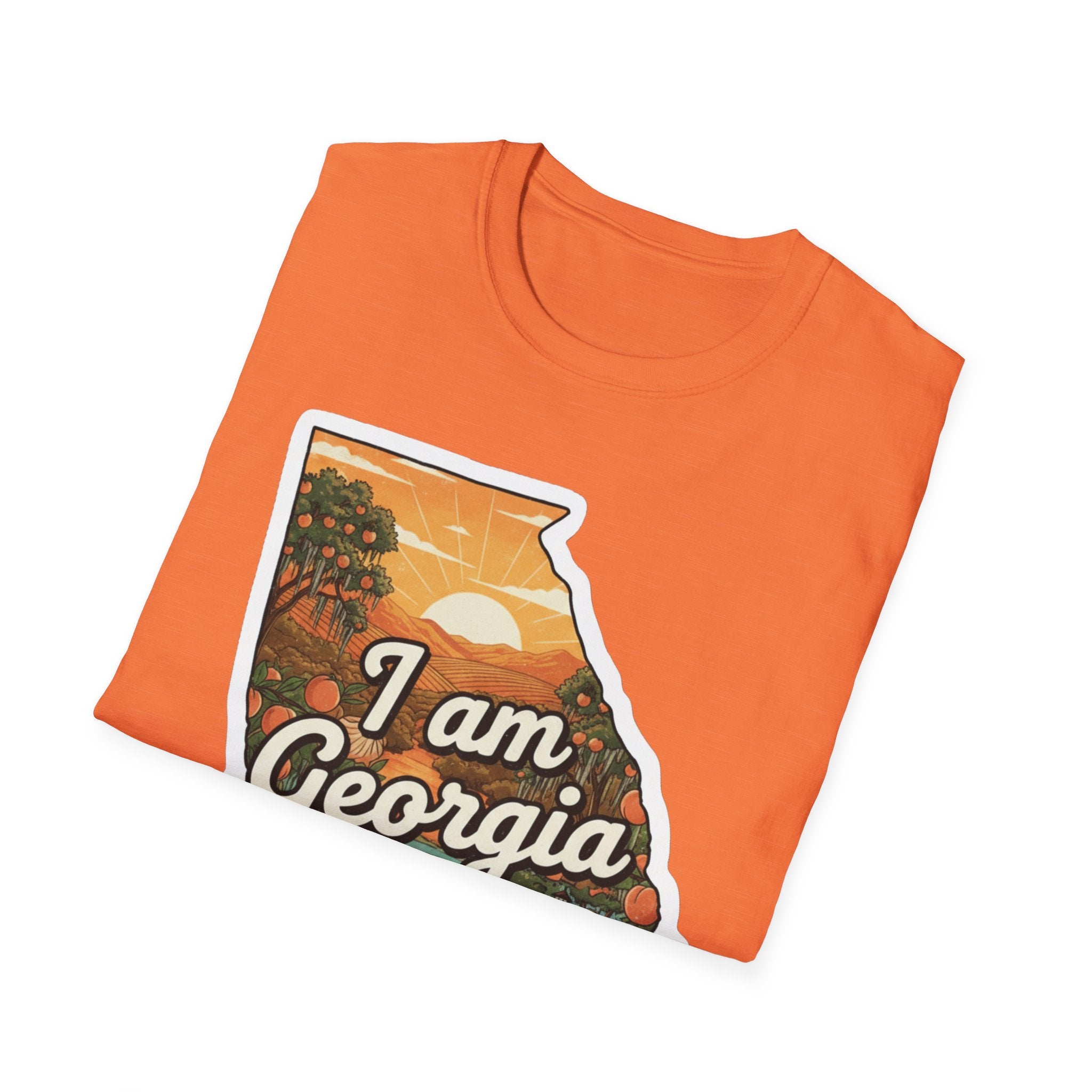 Orange T-shirt with Georgia state outline graphic and “I am Georgia” text