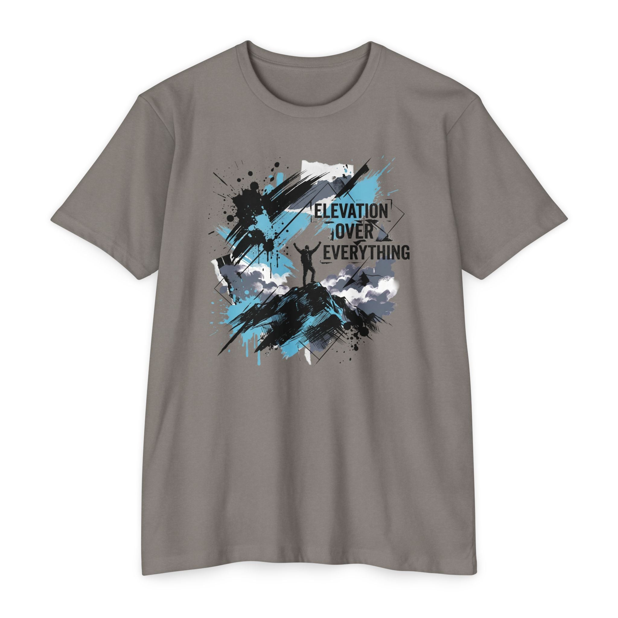 Gray crewneck T-shirt with blue/black splatter mountain graphic and text "ELEVATION OVER EVERYTHING"