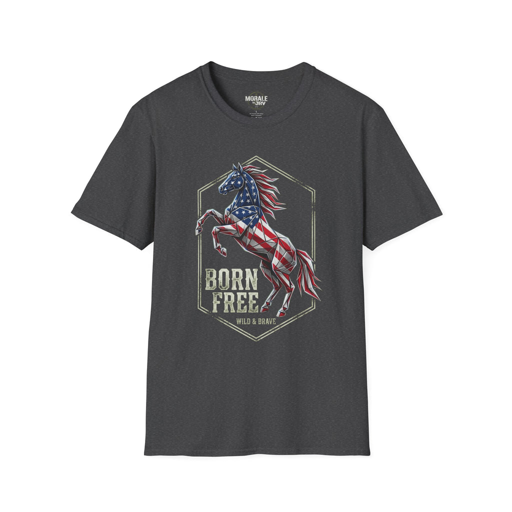 American flag horse T-shirt, dark heather with "Born Free" emblem graphic