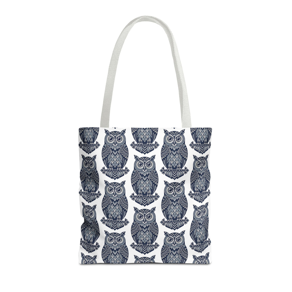 Navy owl tote bag with light top handles and repeating blue owl prints