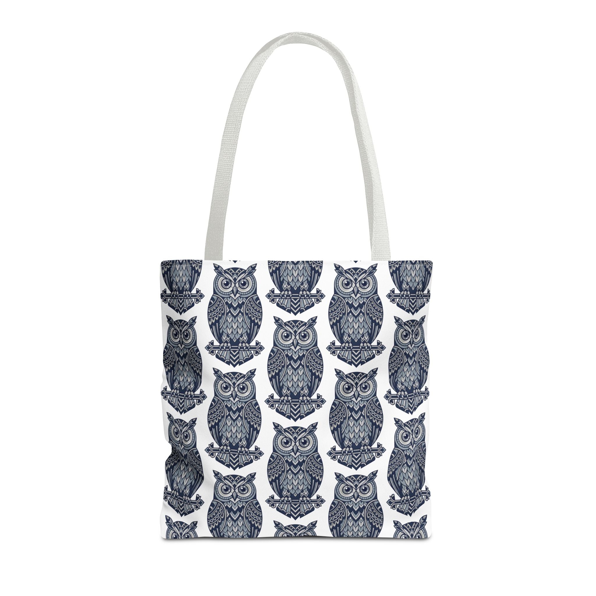 Navy owl tote bag with light top handles and repeating blue owl prints