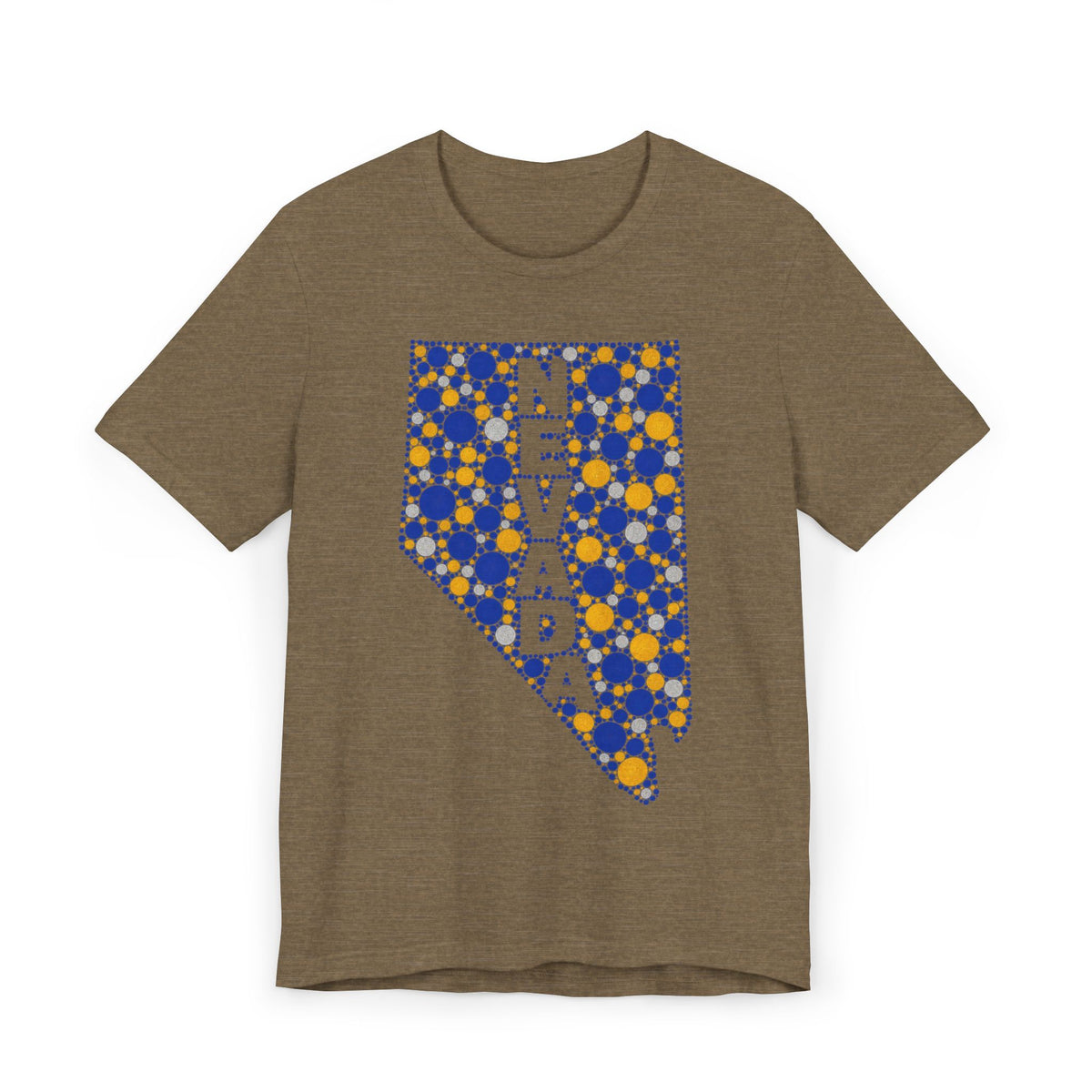 Olive crewneck t-shirt with blue and gold speckled Nevada map graphic