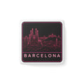 Square porcelain fridge magnet with neon pink Barcelona skyline and BARCELONA text