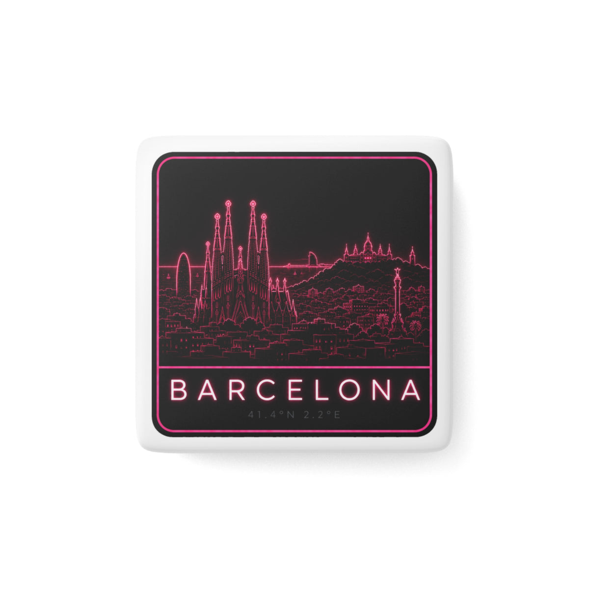 Square porcelain fridge magnet with neon pink Barcelona skyline and BARCELONA text