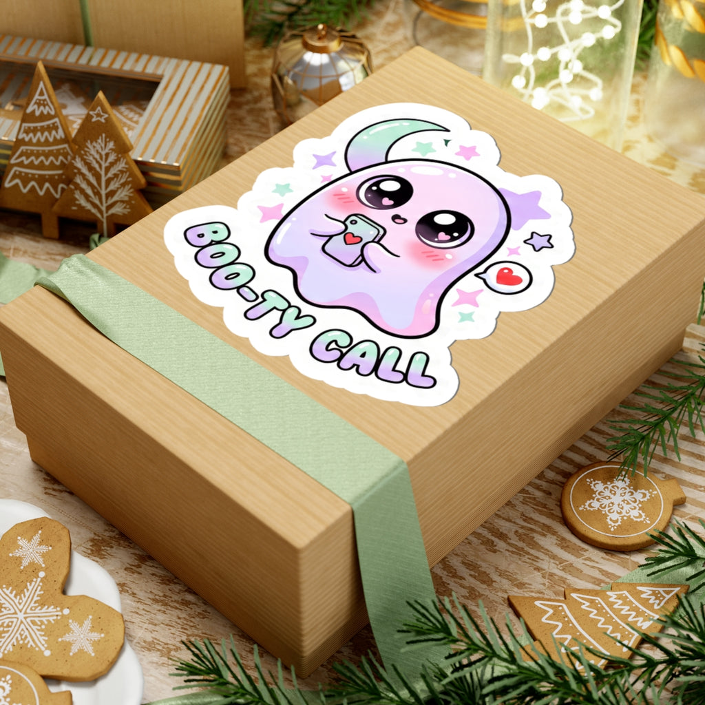 Kawaii ghost phone sticker with cute purple ghost, heart bubble, and Boo-ty Call text