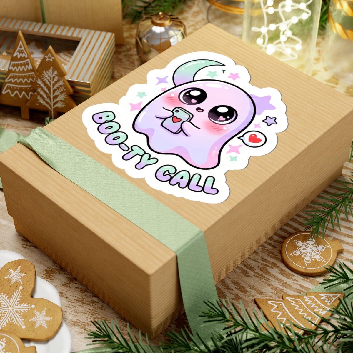 Kawaii ghost phone sticker with cute purple ghost, heart bubble, and Boo-ty Call text