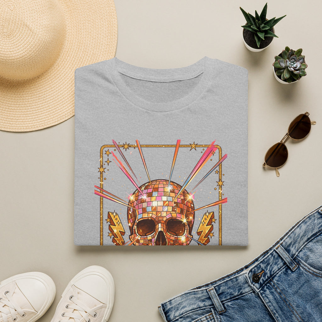 Light gray unisex t-shirt with colorful disco ball skull graphic on the front.