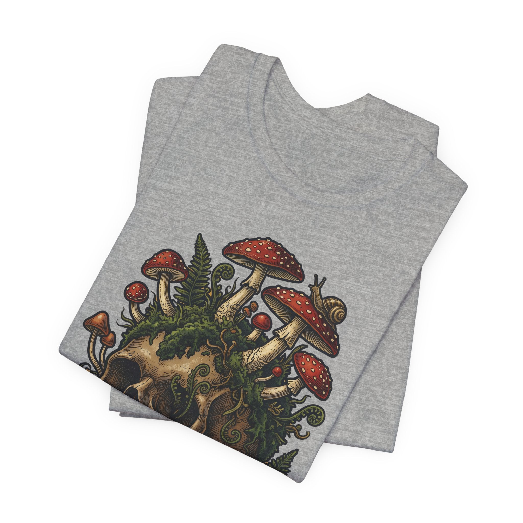 Mushroom skull graphic T-shirt, heather grey, folded view with mushroom skull artwork
