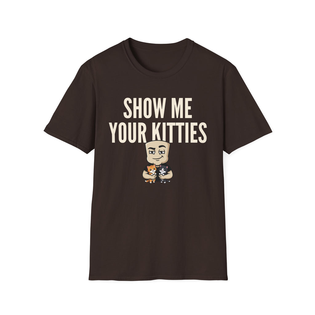Short-sleeve T-shirt, dark brown with 'SHOW ME YOUR KITTIES' and cat graphic.