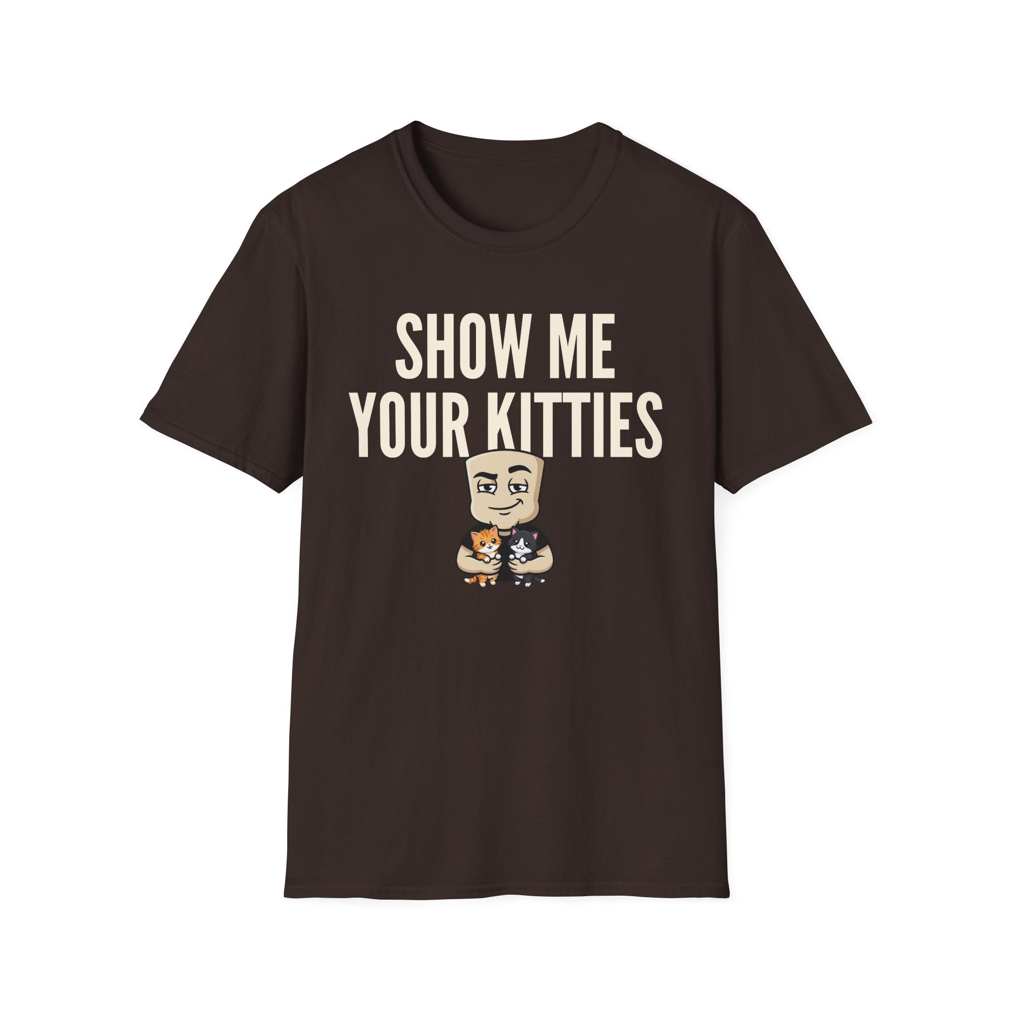 Short-sleeve T-shirt, dark brown with 'SHOW ME YOUR KITTIES' and cat graphic.