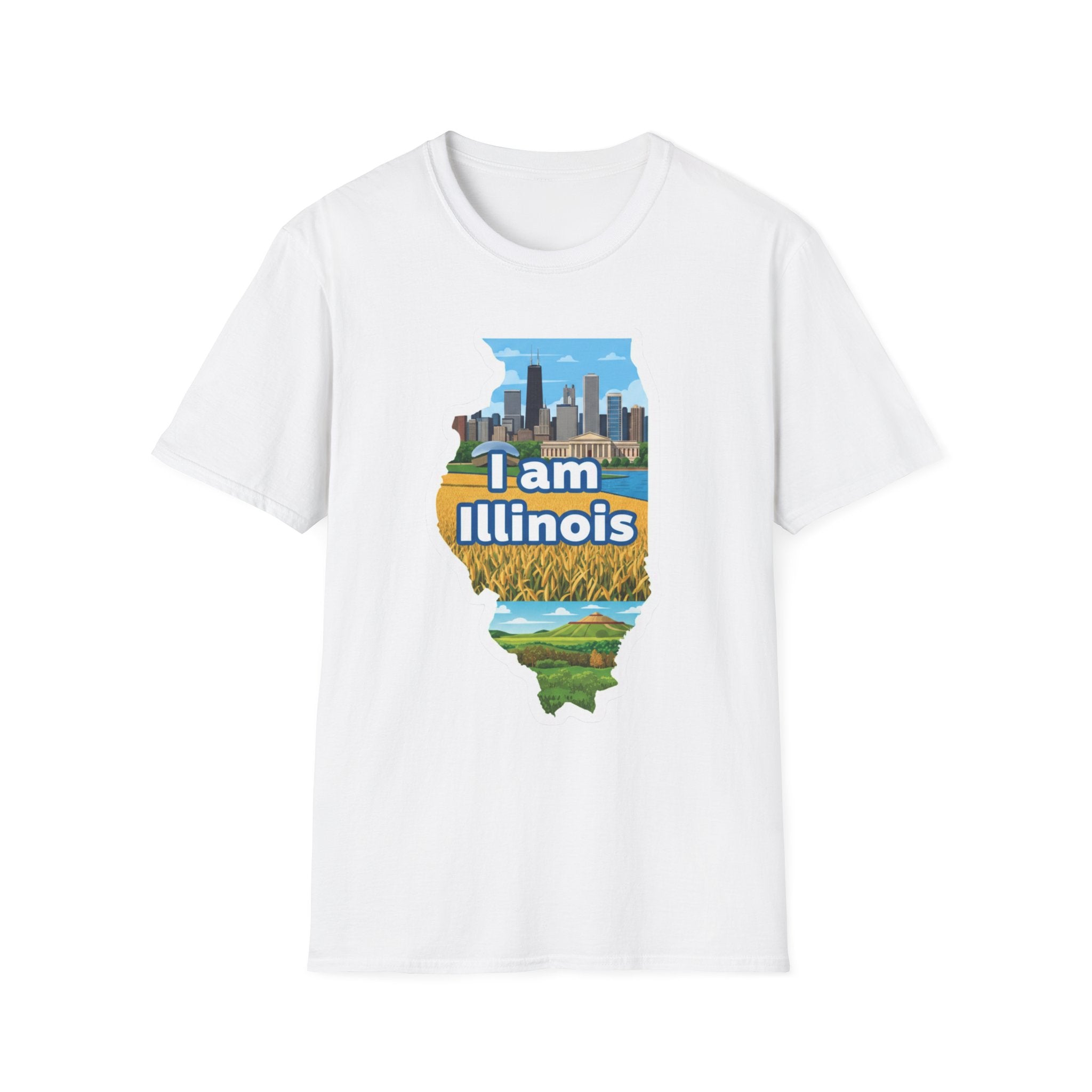 I Am Illinois T-shirt in White, map with skyline and farmland graphic