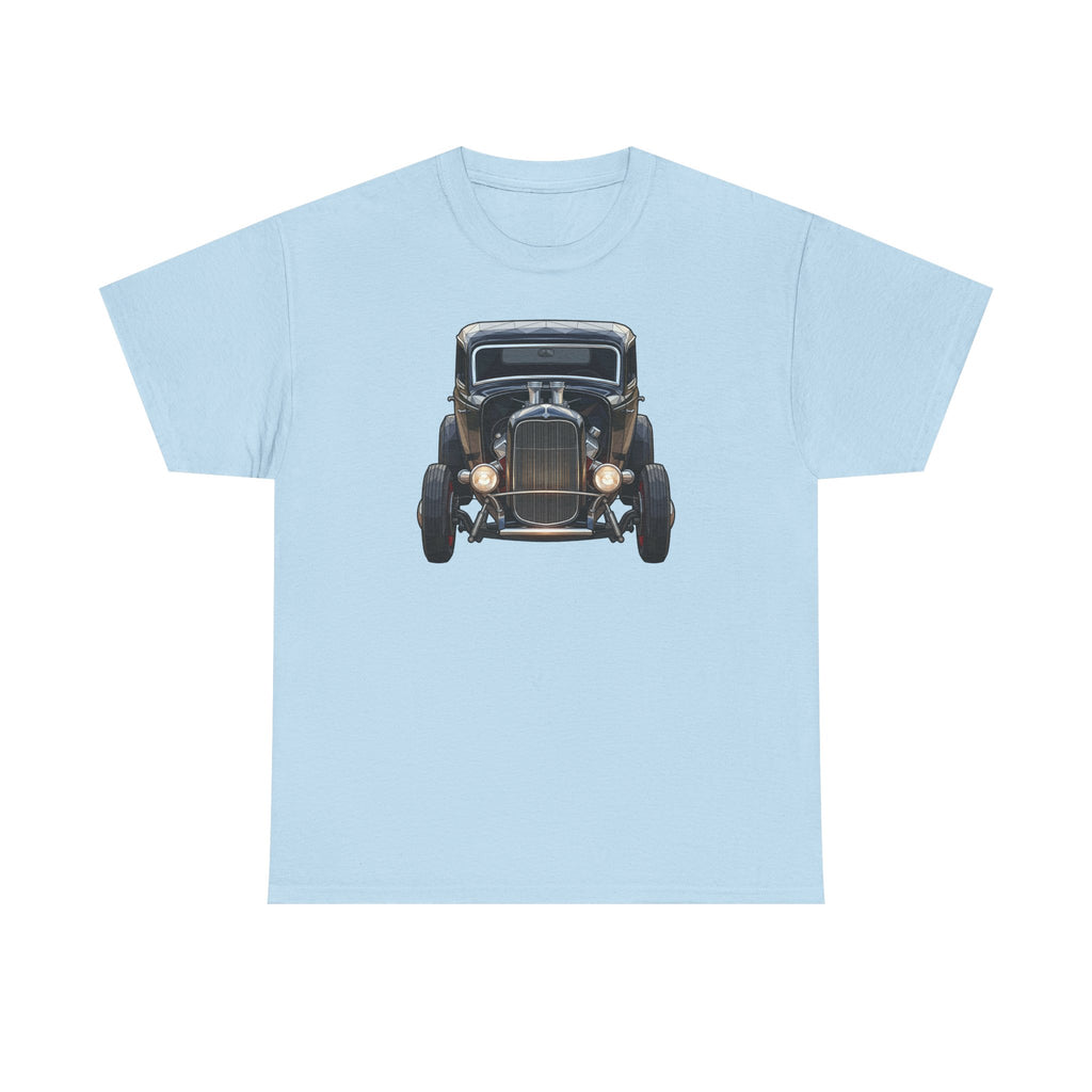 Light blue T-shirt with vintage hot rod car graphic on the chest