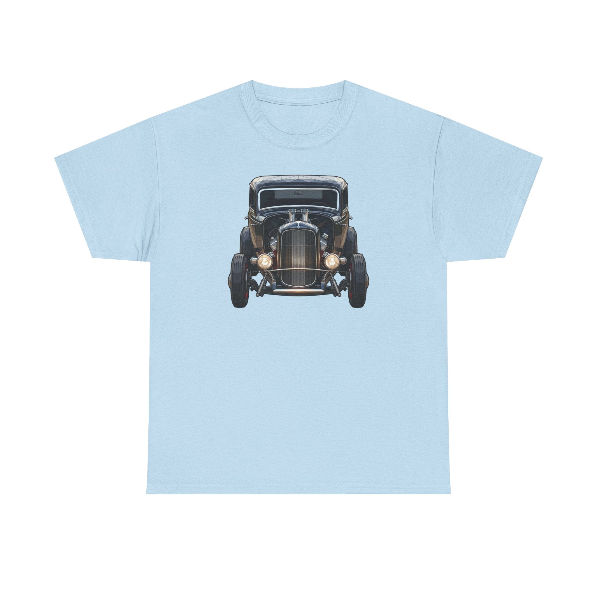 Light blue T-shirt with vintage hot rod car graphic on the chest