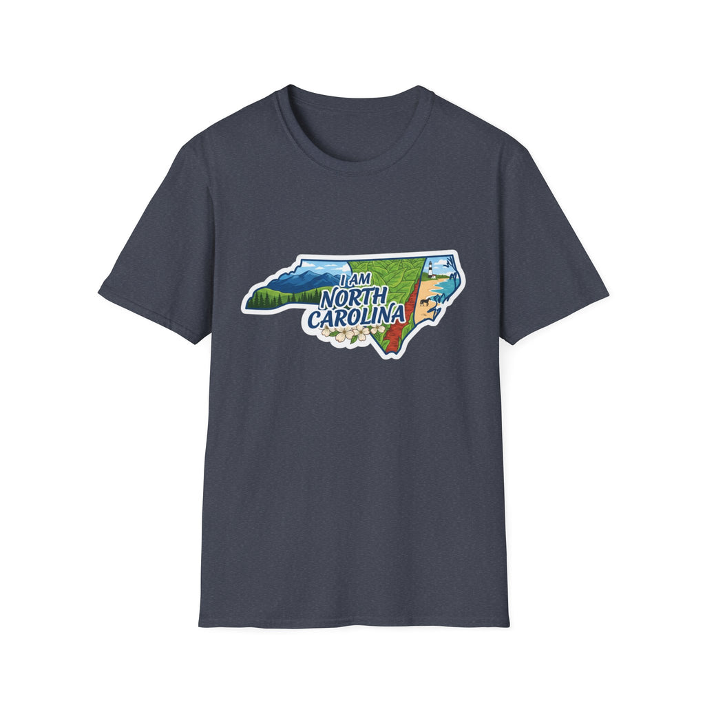 (Heather Navy) North Carolina map T-shirt with nature and floral graphic