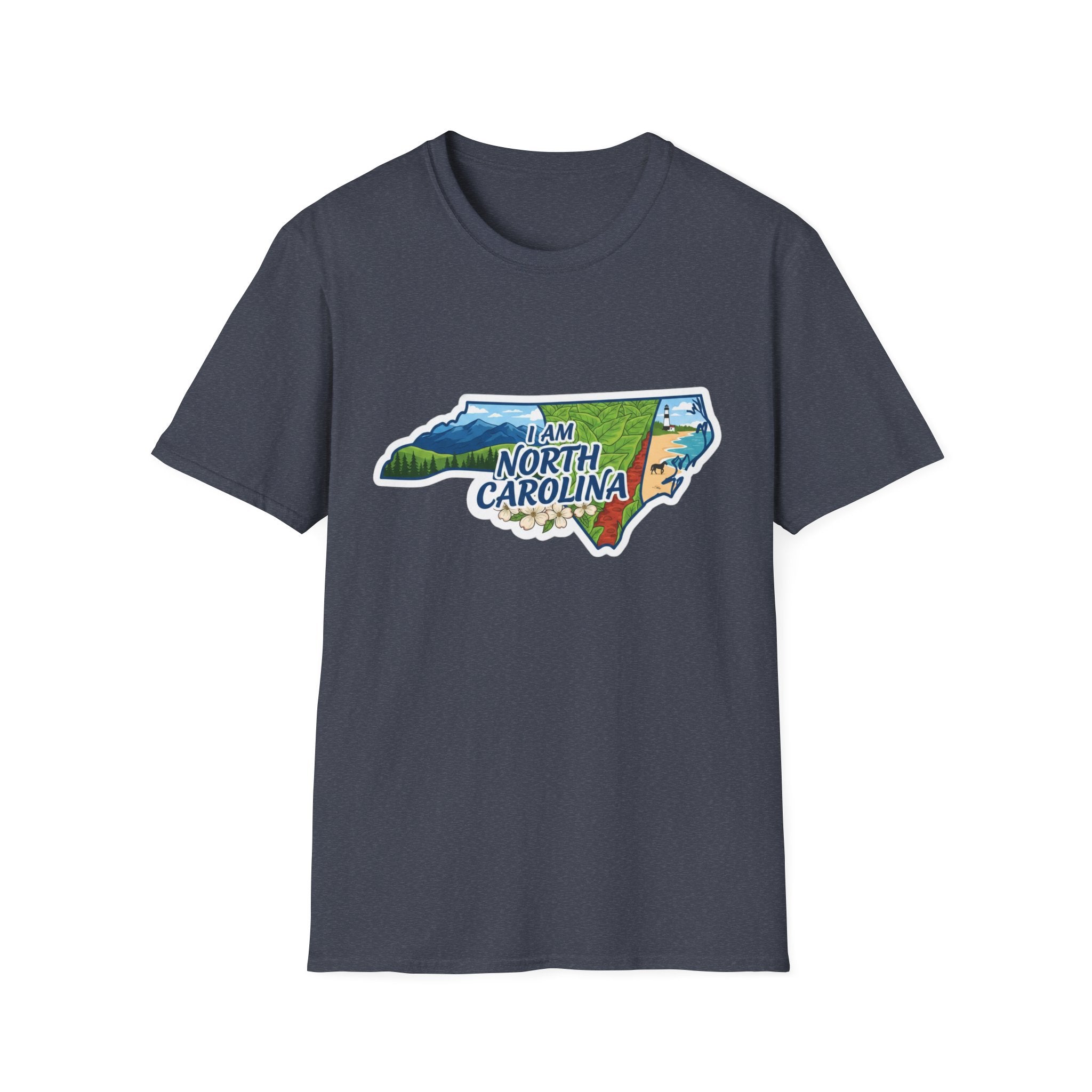 (Heather Navy) North Carolina map T-shirt with nature and floral graphic