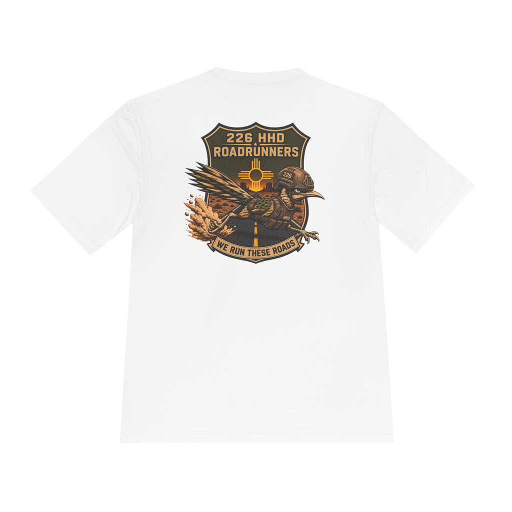 White polyester T-shirt with large back graphic print and logo shield