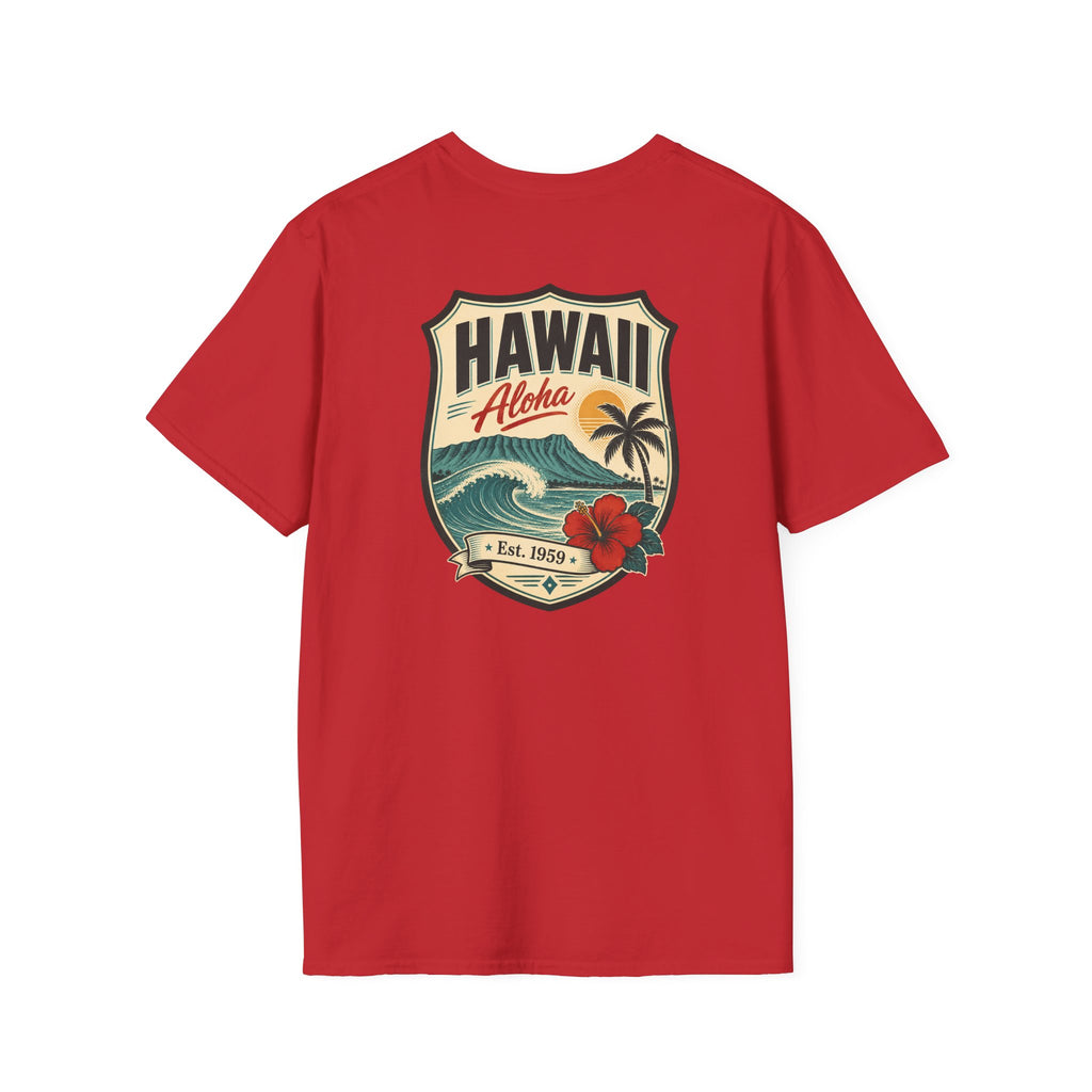 Hawaii badge graphic T-shirt, red, short-sleeve crew neck