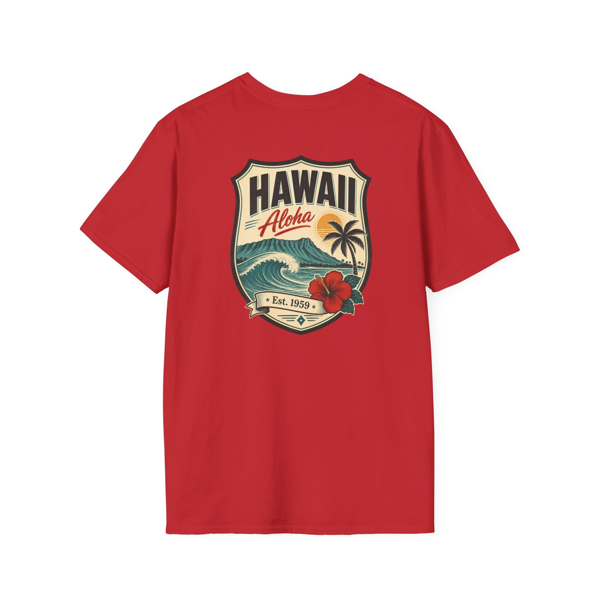 Hawaii badge graphic T-shirt, red, short-sleeve crew neck