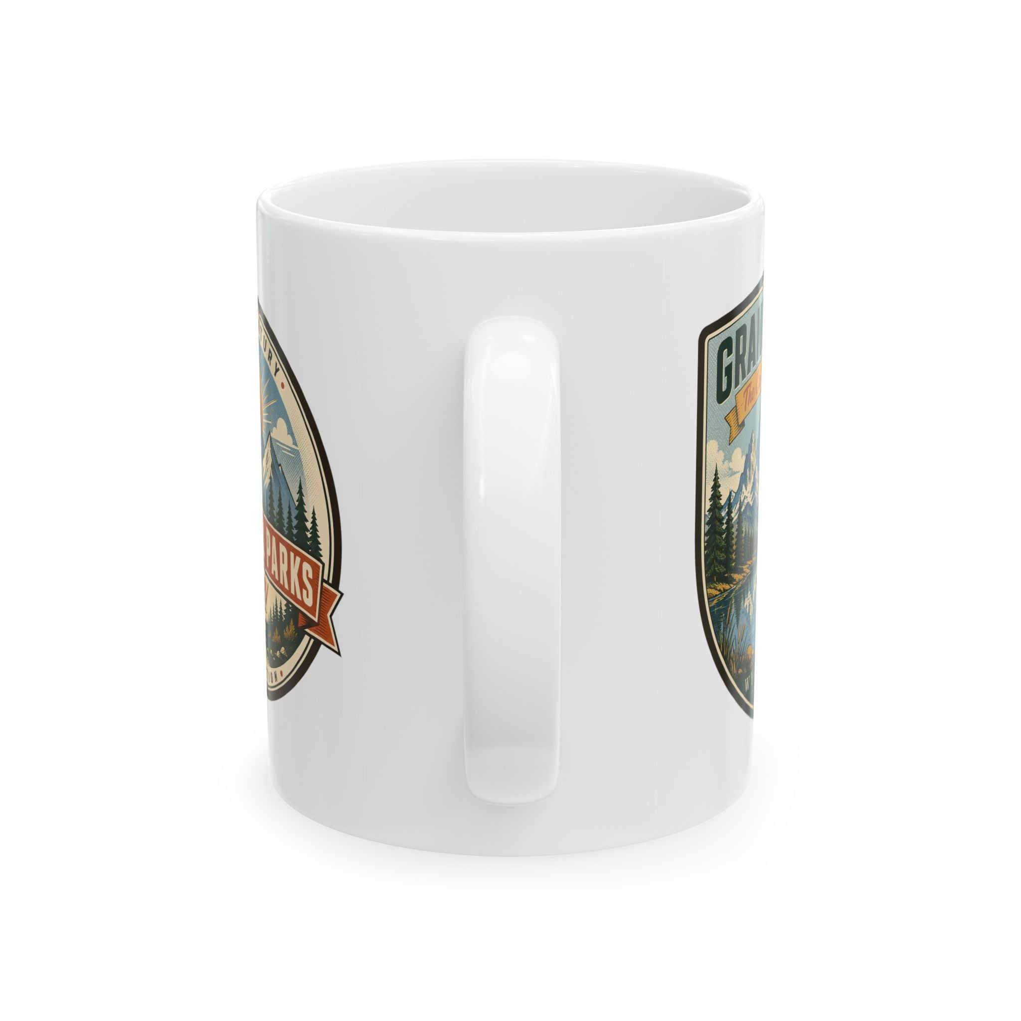White ceramic mug showing interior handle opening with side park graphic