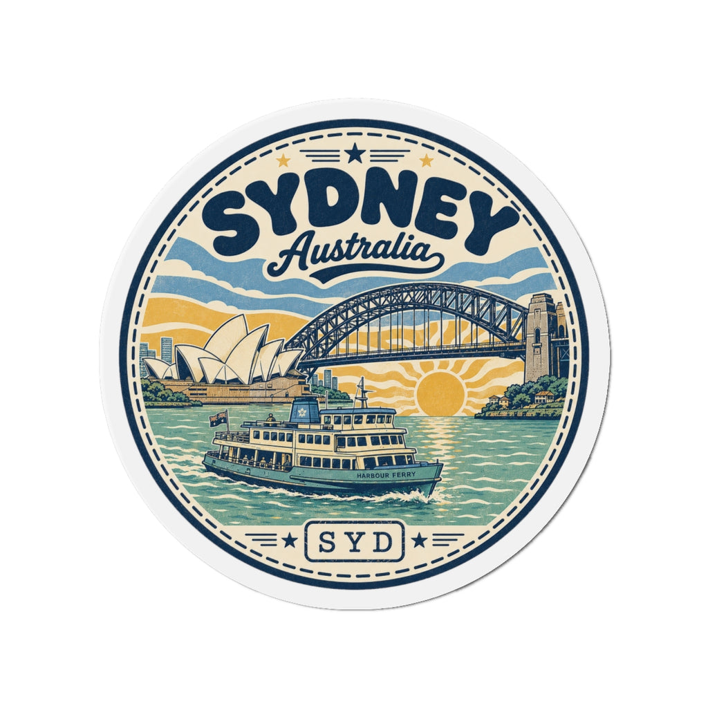 Round Sydney Harbour magnet with white rim, blue frame, and SYD Australia typography
