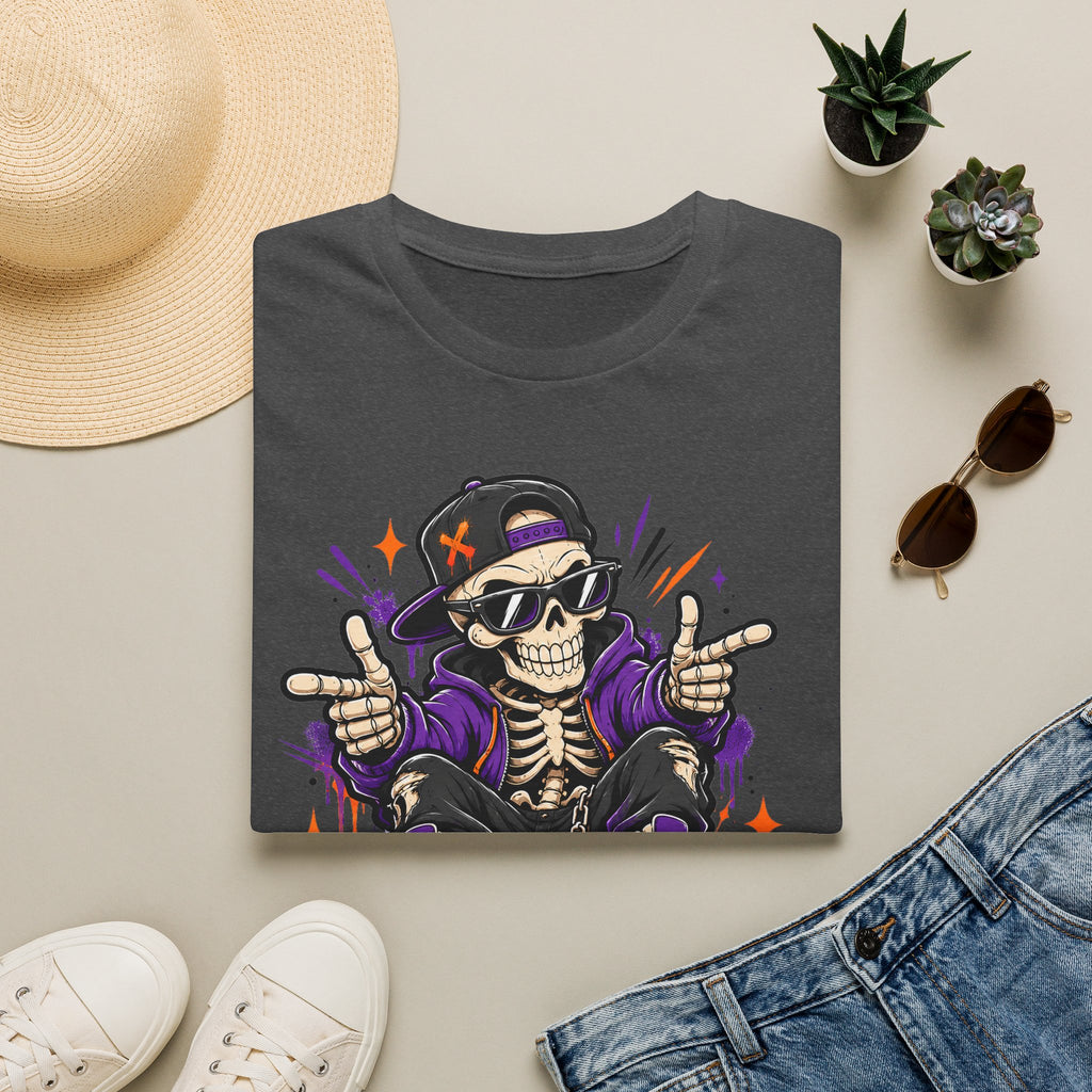 Charcoal grey Skeleton DJ T-shirt with skull wearing headphones and purple handsign graphic print