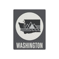 Washington metal wall art: dark gray square with white circle, state silhouette, mountains and sea