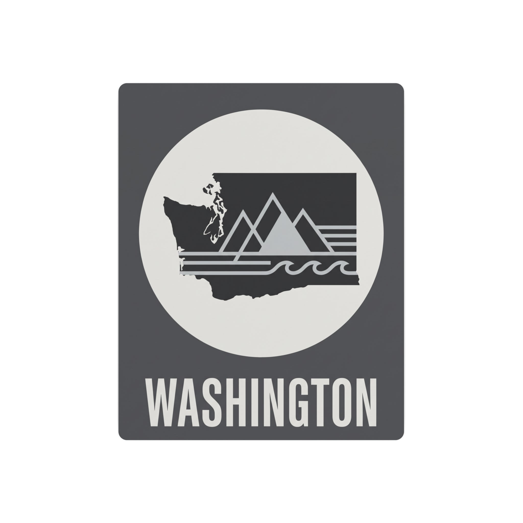 Washington metal wall art: dark gray square with white circle, state silhouette, mountains and sea