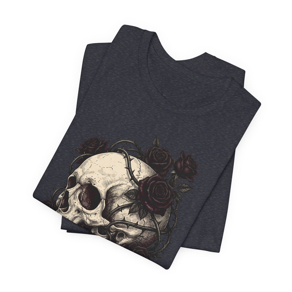 Dark heather T-shirt with skull and rose floral front graphic
