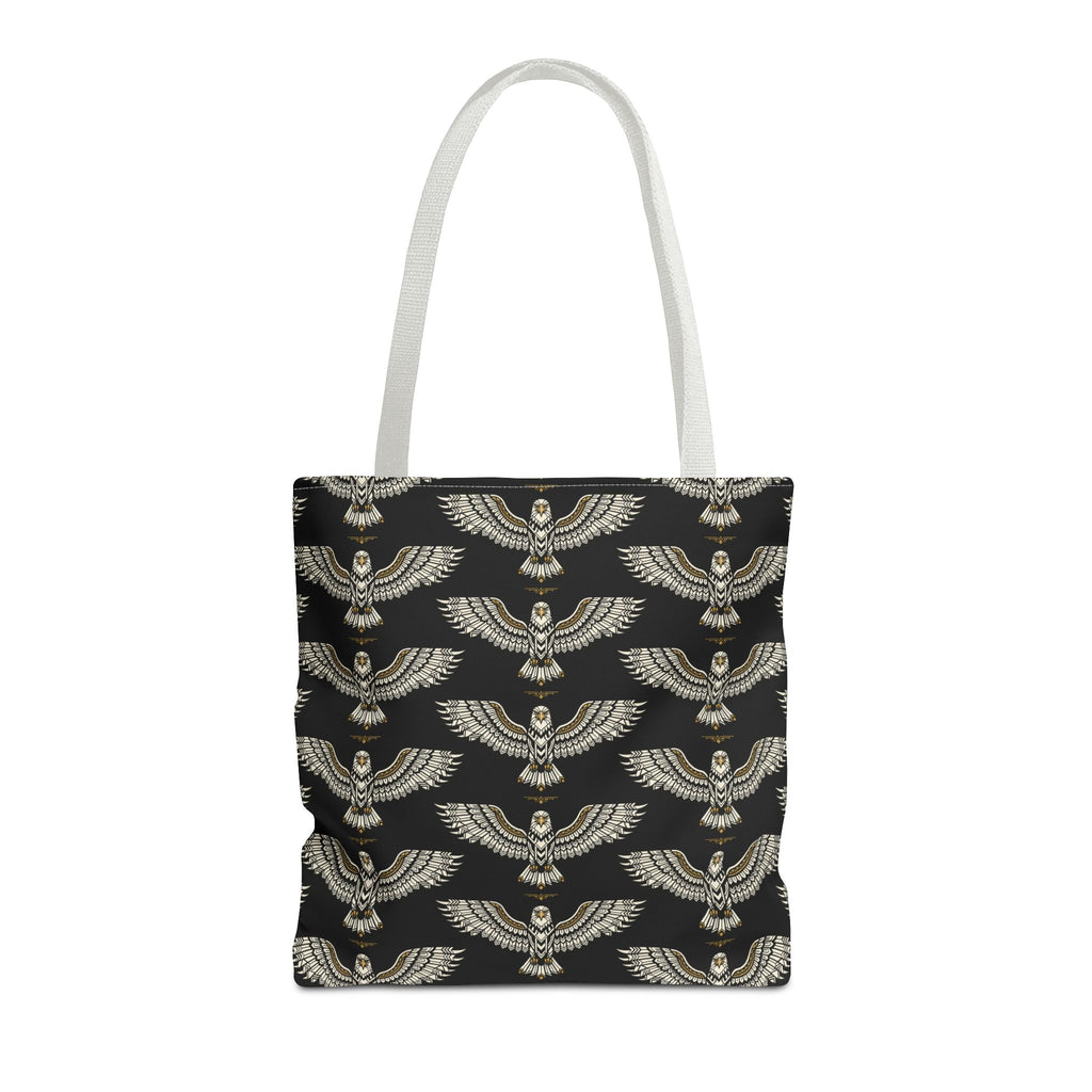 Tote bag with winged scarab pattern, black fabric and gold emblems, cream handles